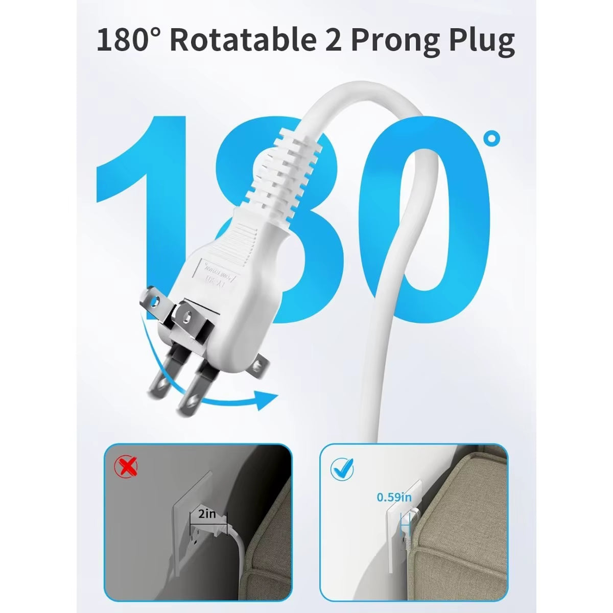 2 Prong Power Strip, 1875W/15A, 180° Rotating Plug, Two Prong Power Strip, 2 Prong to 3 Prong Outlet Adapter, 3 Outlets 2 USB