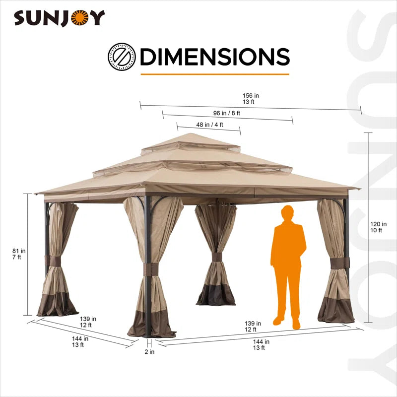 13X13 Ft. Steel Gazebo with 3-Tier Canopy Roof, Outdoor Steel Frame Soft Top Gazebo with Netting and Curtains