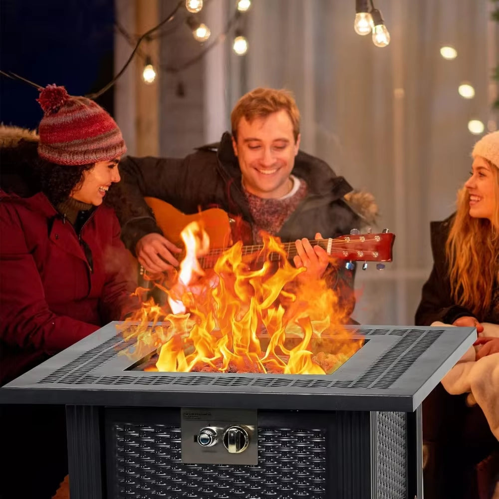 28 Inch Gas Fire Pit Outdoor Firepit Table, 50000BTU Rectangle Propane Fire Table with Cover & Lava Rock for Garden Backyard.
