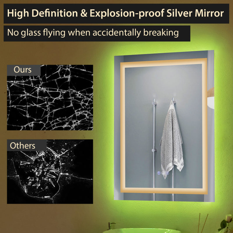 32 Inch X 24 Inch Bathroom Anti-Fog Wall Mirror with Colorful Light