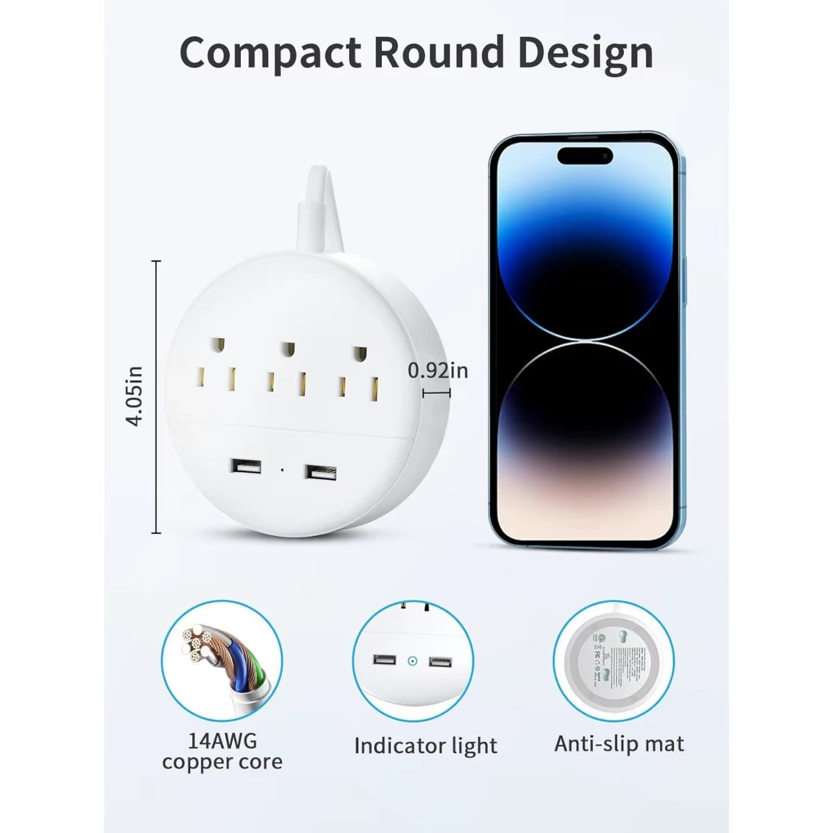 2 Prong Power Strip, 1875W/15A, 180° Rotating Plug, Two Prong Power Strip, 2 Prong to 3 Prong Outlet Adapter, 3 Outlets 2 USB