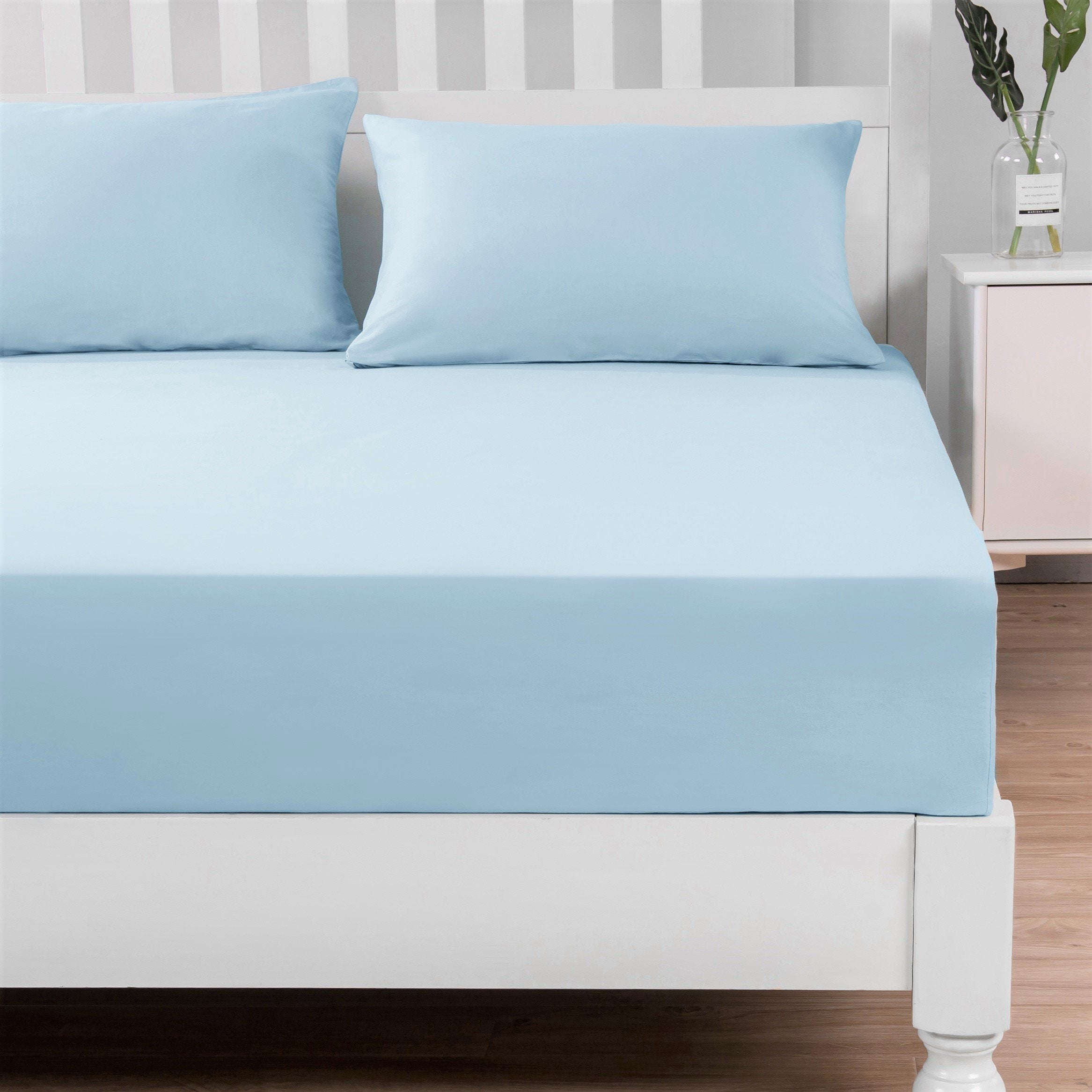 Bedding-Soothing SeaFoam Sky Blue Cotton Fitted Bed Sheet W/Pillow Cases