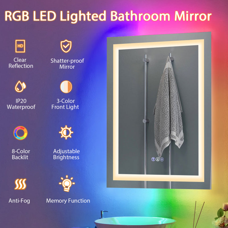 32 Inch X 24 Inch Bathroom Anti-Fog Wall Mirror with Colorful Light