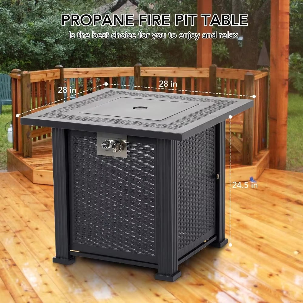 28 Inch Gas Fire Pit Outdoor Firepit Table, 50000BTU Rectangle Propane Fire Table with Cover & Lava Rock for Garden Backyard.