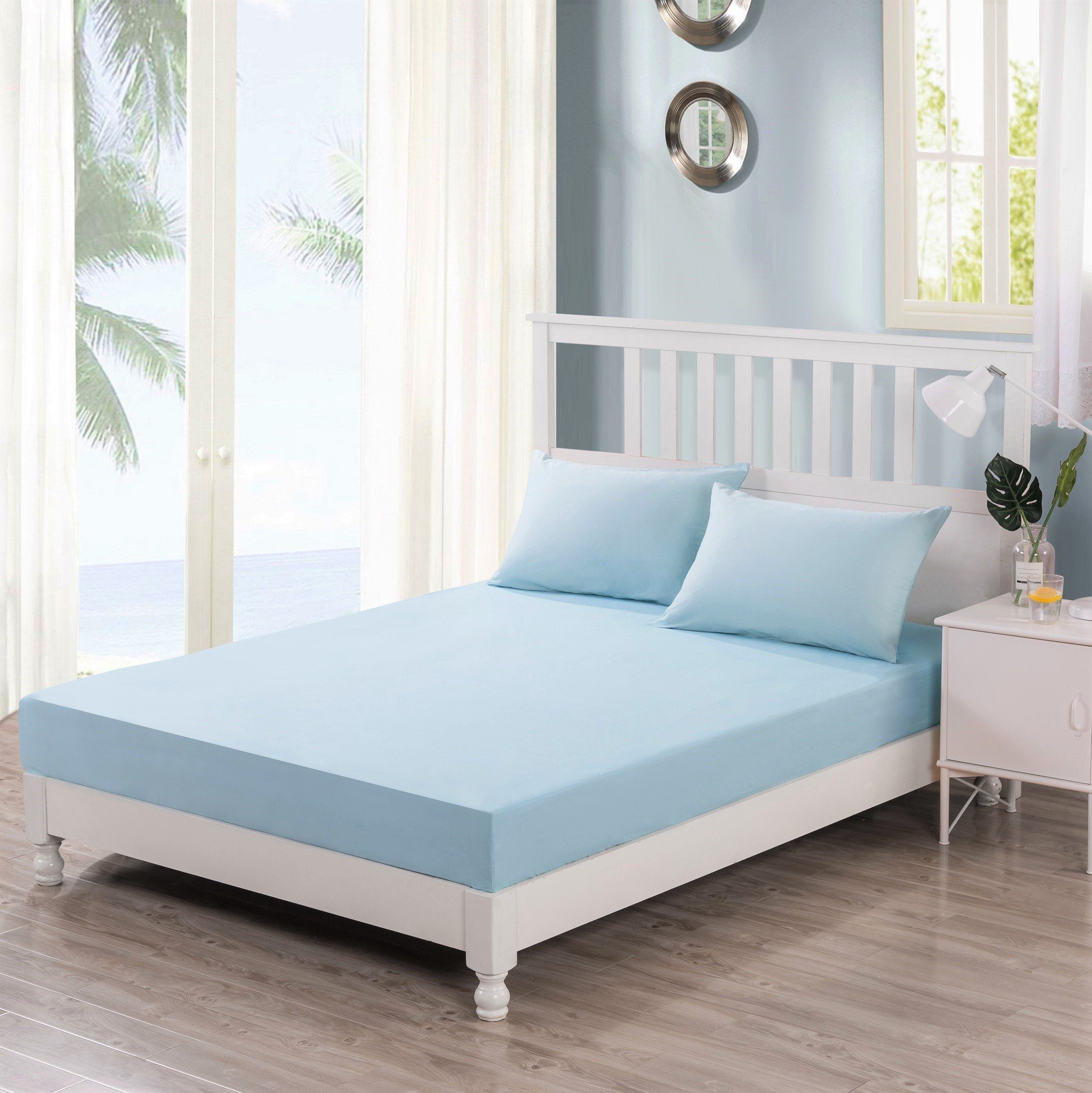 Bedding-Soothing SeaFoam Sky Blue Cotton Fitted Bed Sheet W/Pillow Cases