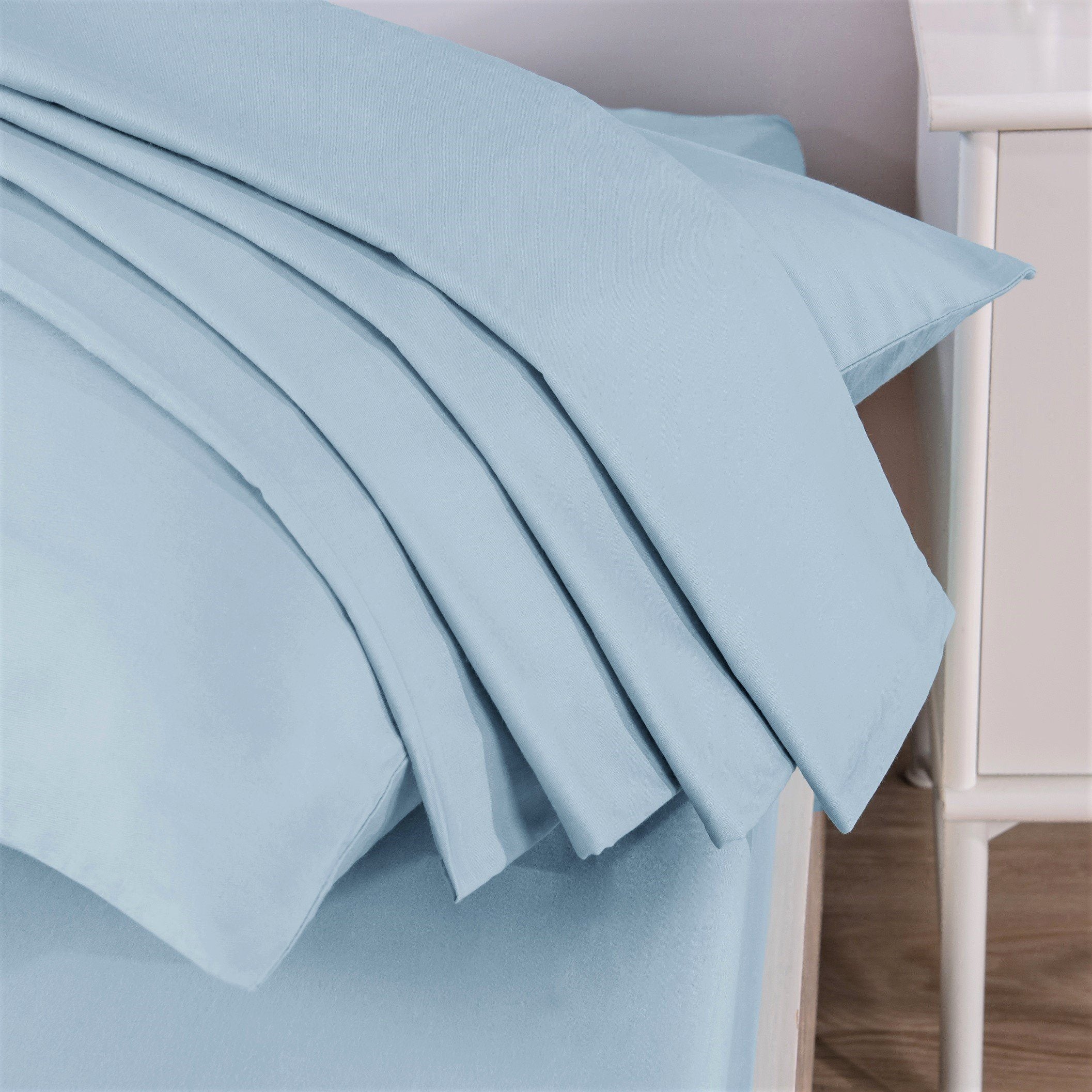 Bedding-Soothing SeaFoam Sky Blue Cotton Fitted Bed Sheet W/Pillow Cases