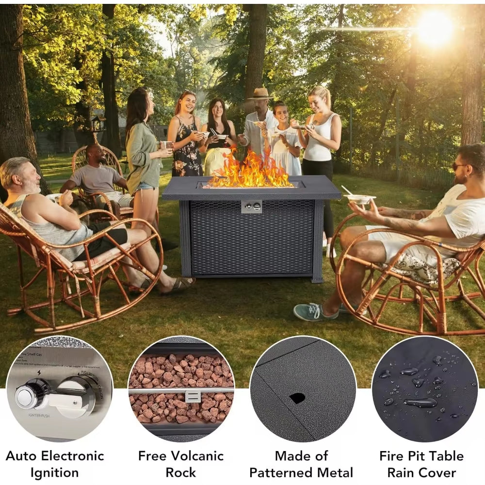 28 Inch Gas Fire Pit Outdoor Firepit Table, 50000BTU Rectangle Propane Fire Table with Cover & Lava Rock for Garden Backyard.