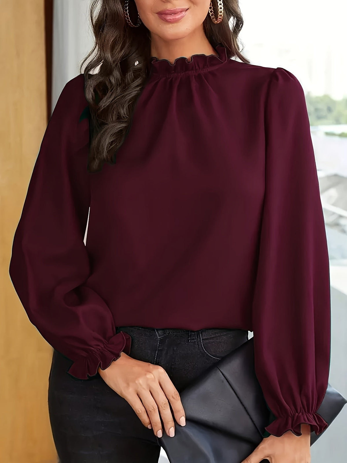 Women's Chiffon Work Ruffle Long Sleeve Blouse - Burgundy