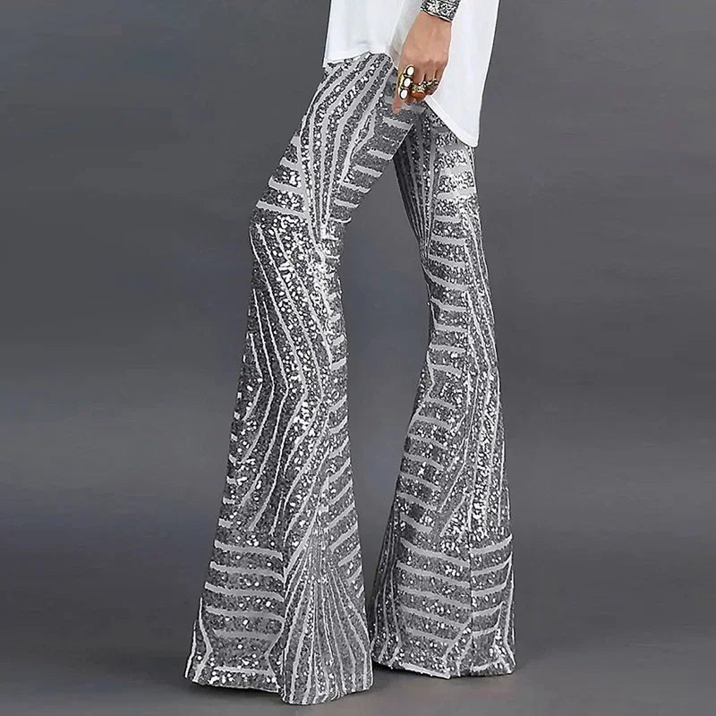 Women's High-Waisted Sequin Flare Trousers - Silver