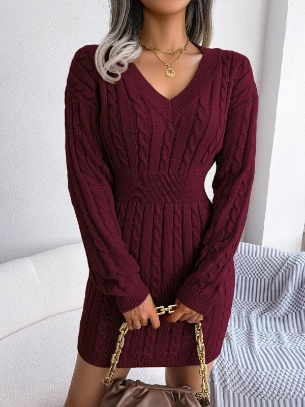 Women's Chunky Bodycon Cable Knit V-Neck Mini Jumper Dress - Burgundy