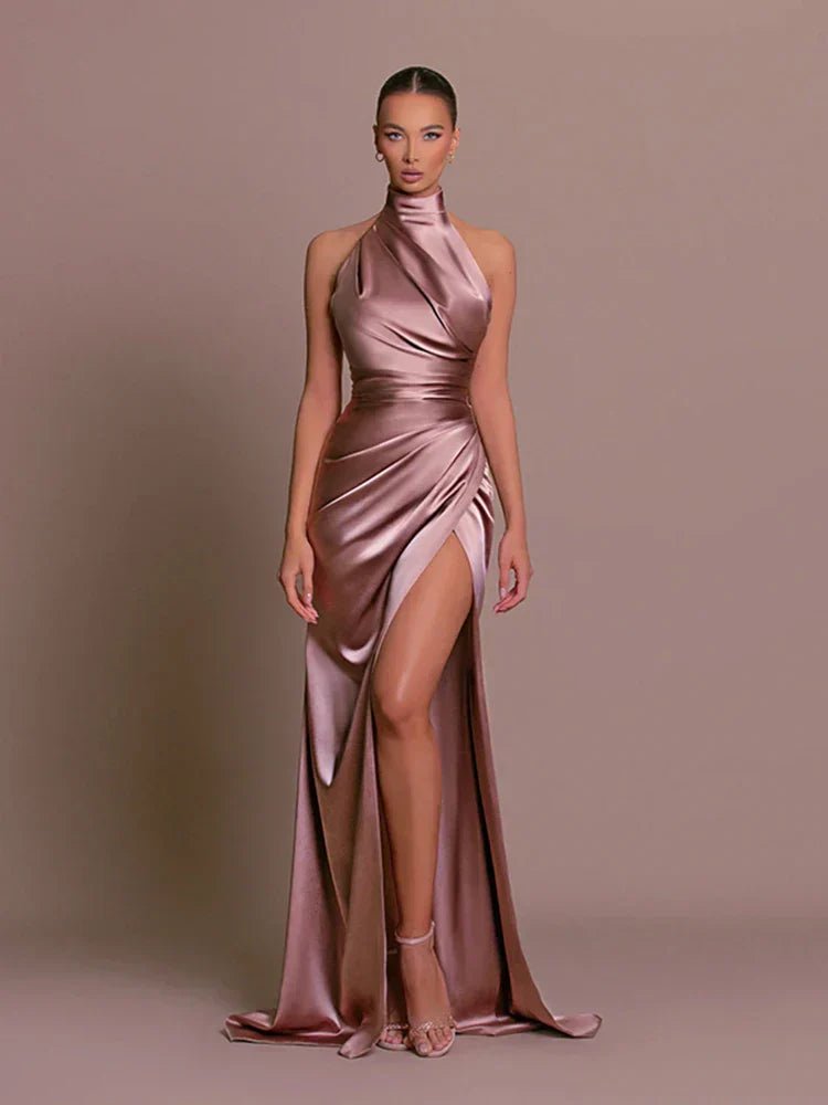 Women's Mermaid Evening Satin Halter Maxi Party Gown
