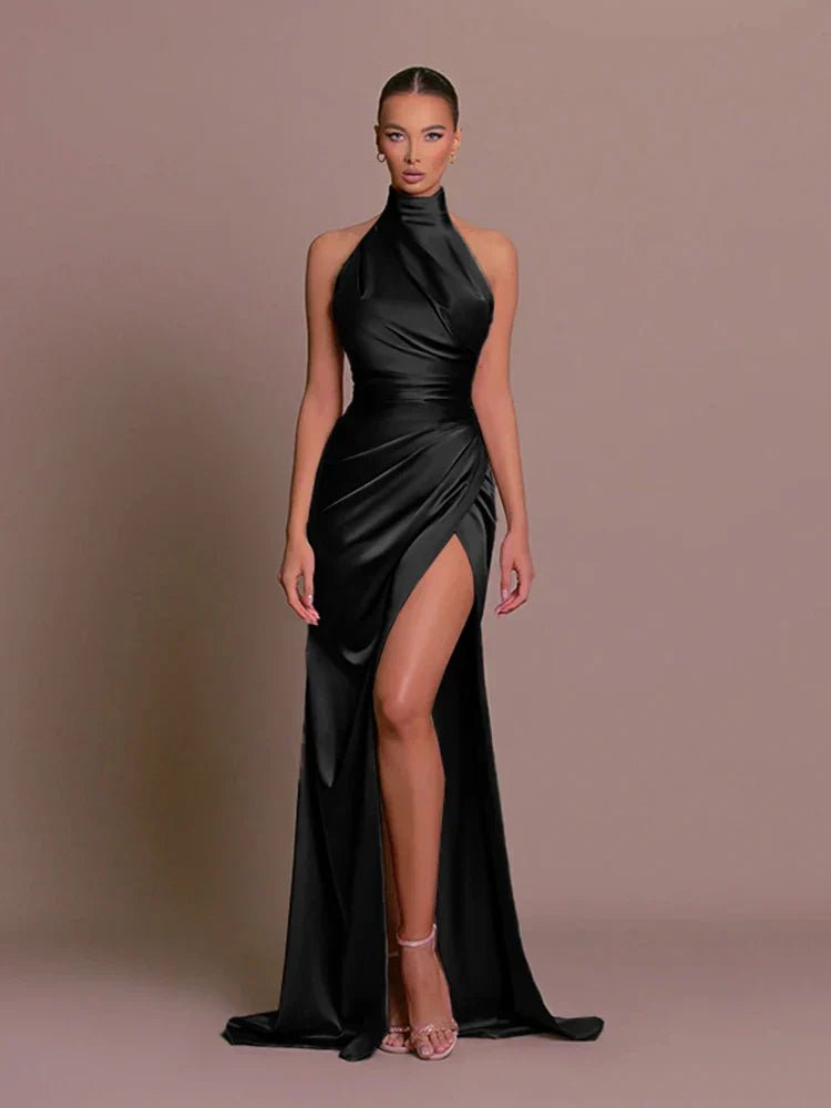 Women's Mermaid Evening Satin Halter Maxi Party Gown - Black