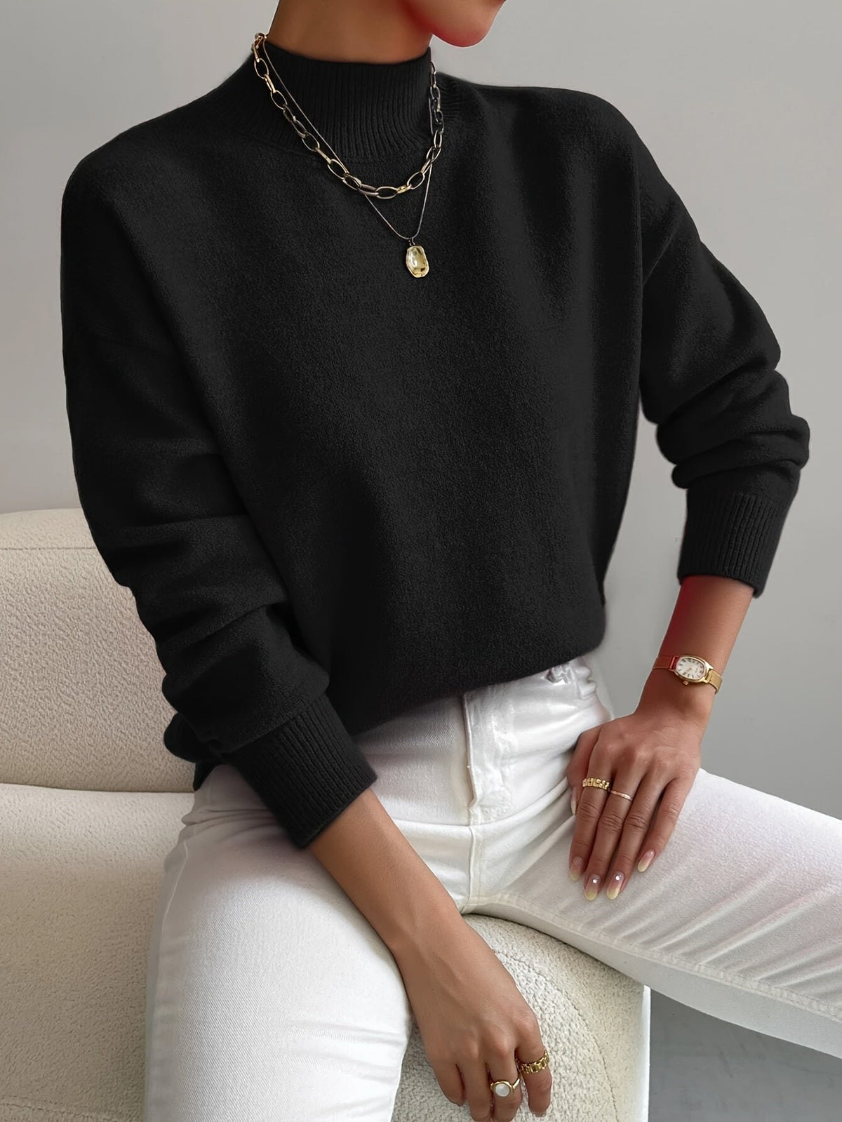 Women's Oversized Funnel Roll Neck Jumper - Black