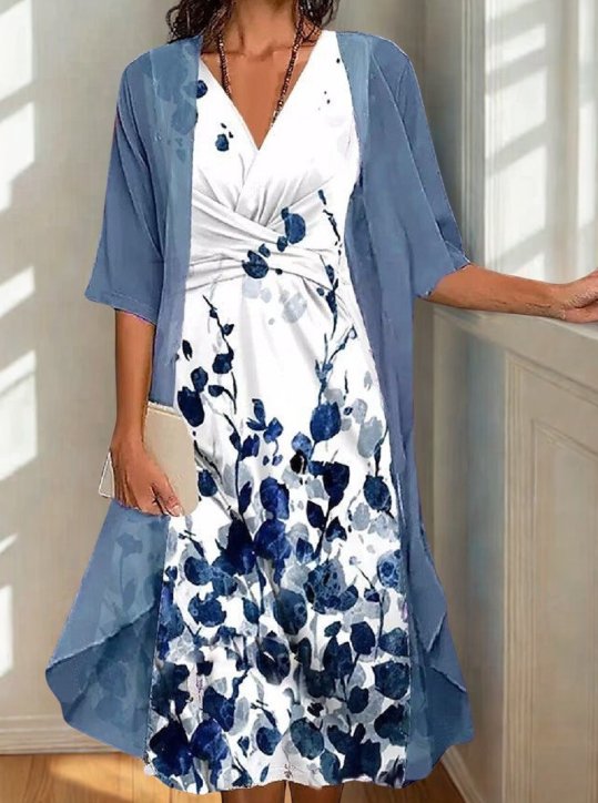 Women's Floral Wrap V-Neck Midi Overlay - Blue