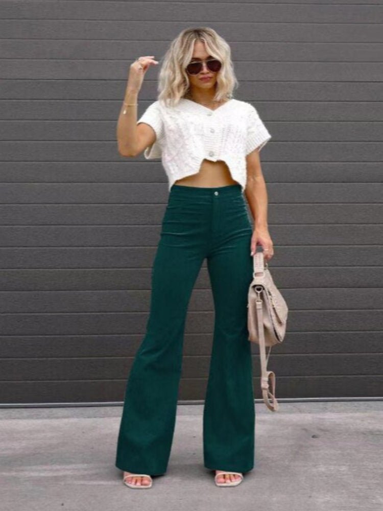 Women's High-Waisted Corduroy Flare Trousers - Green