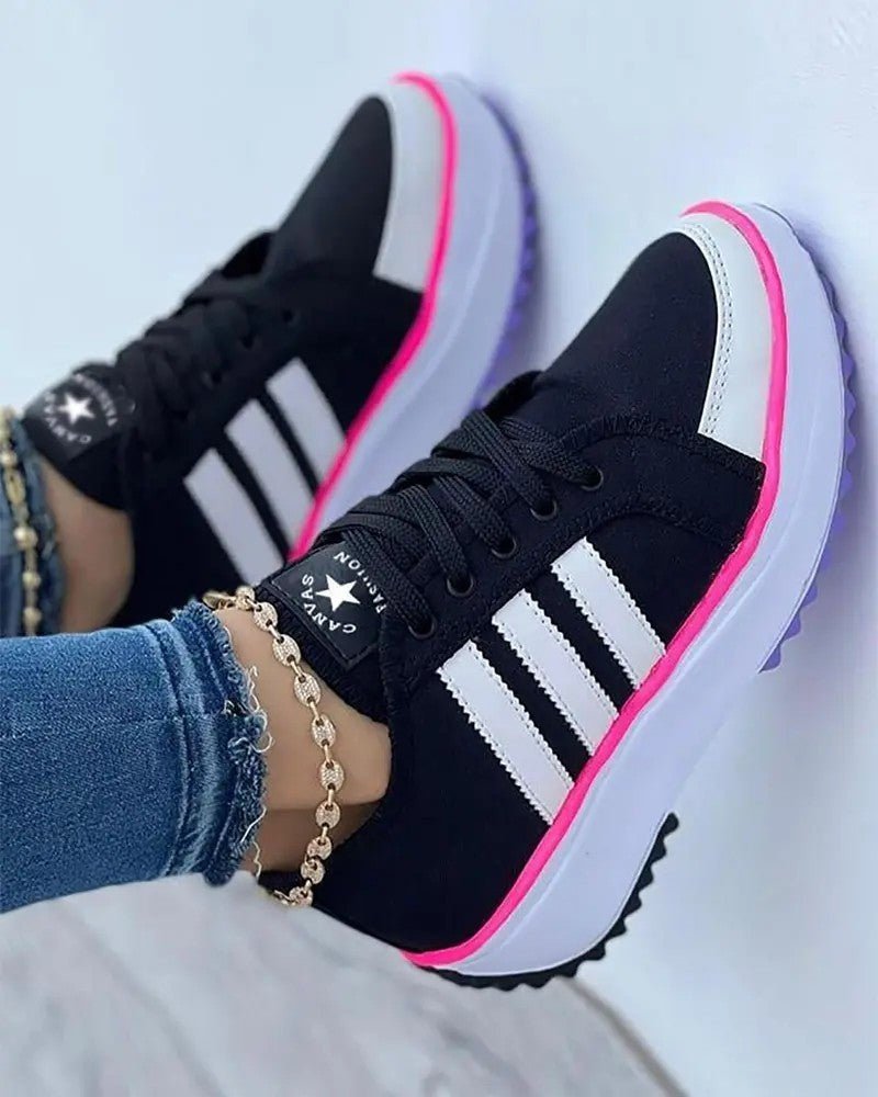 Women's Chunky Striped Platform Lace-Up Trainers - Black