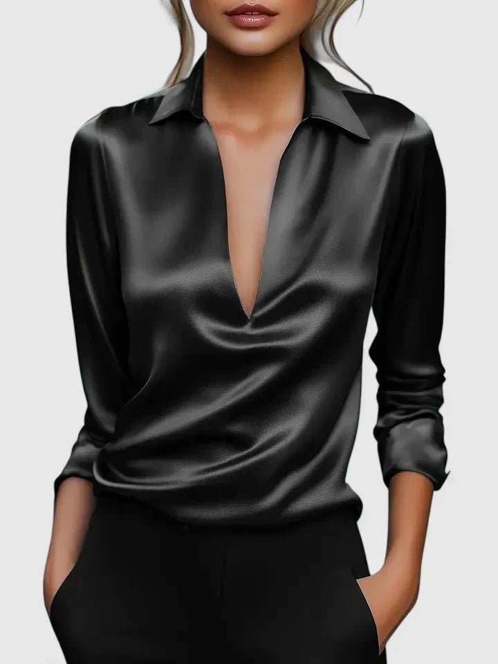 Women's V-Neck Satin Long Sleeve Blouse - Black