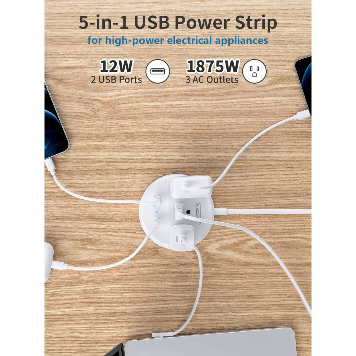 2 Prong Power Strip, 1875W/15A, 180° Rotating Plug, Two Prong Power Strip, 2 Prong to 3 Prong Outlet Adapter, 3 Outlets 2 USB