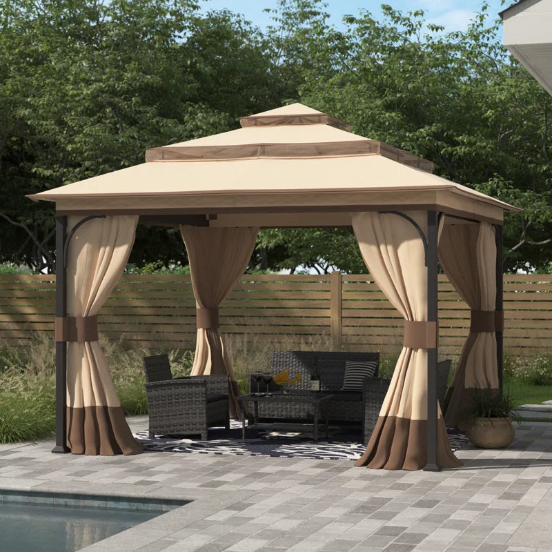 13X13 Ft. Steel Gazebo with 3-Tier Canopy Roof, Outdoor Steel Frame Soft Top Gazebo with Netting and Curtains