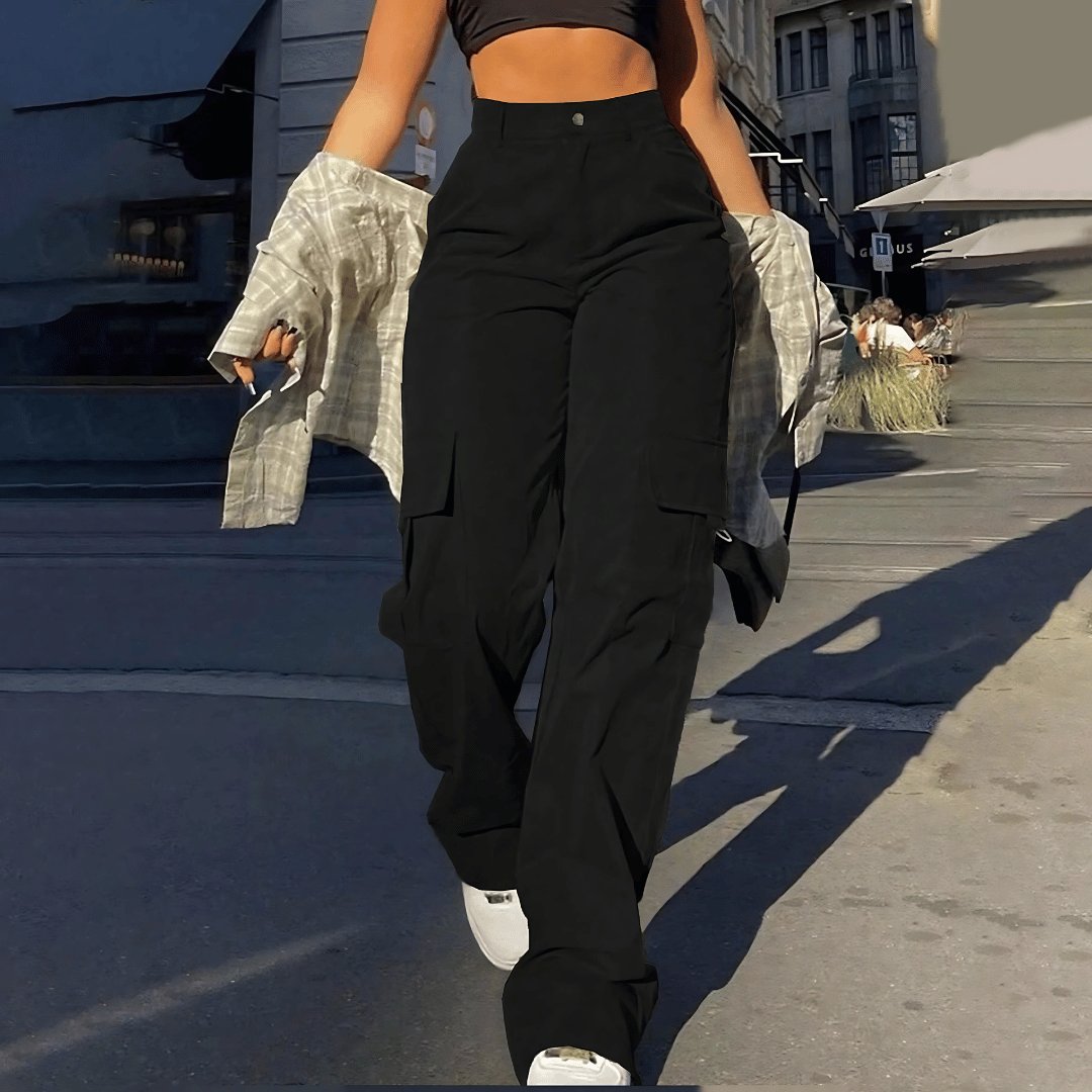 Women's Black High-Waisted Cargo Trousers - Black
