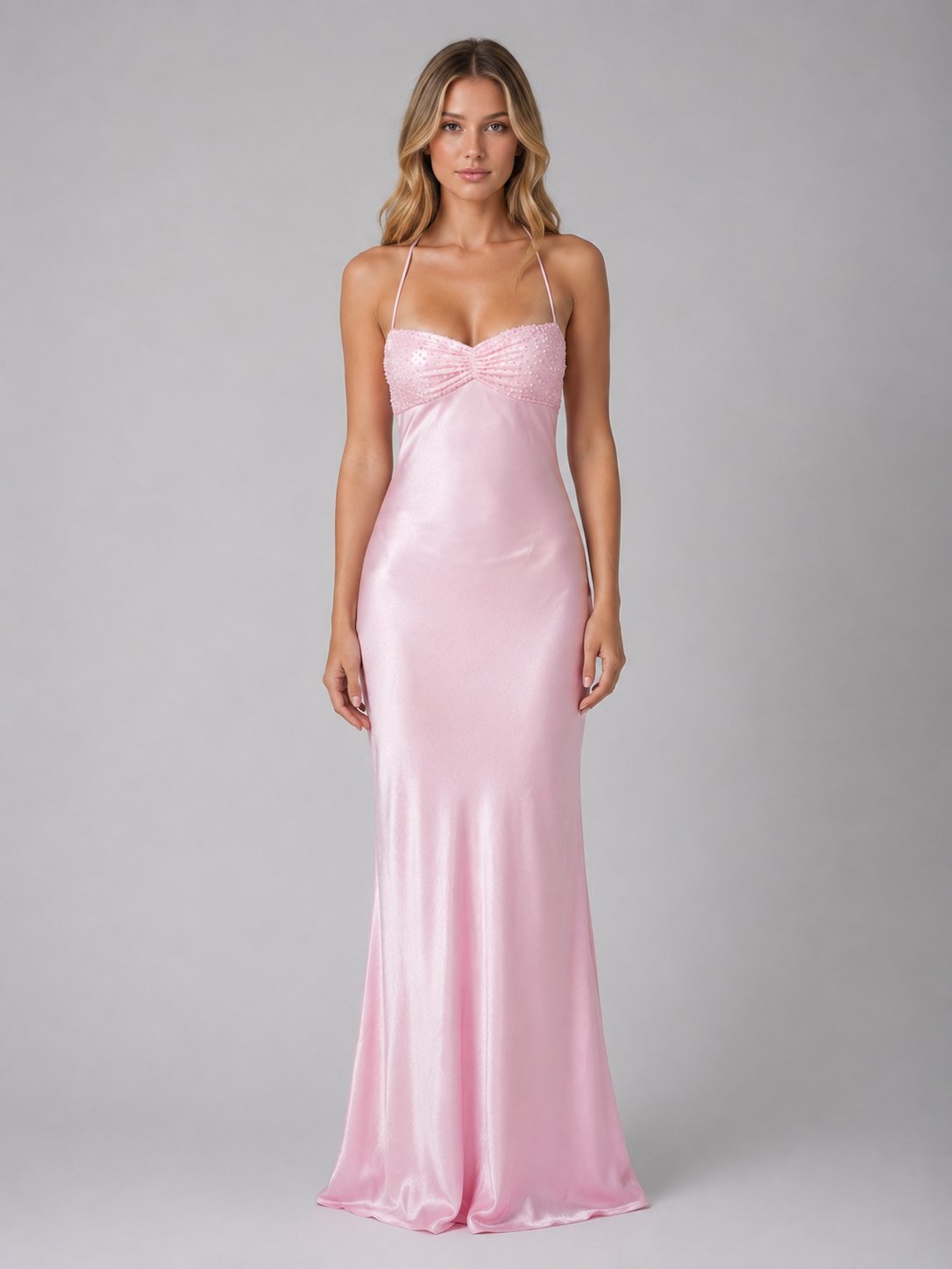 Women's Satin Halter Bodycon Maxi Party Gown - Pink
