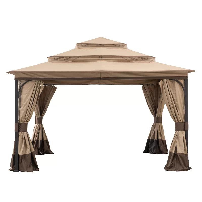 13X13 Ft. Steel Gazebo with 3-Tier Canopy Roof, Outdoor Steel Frame Soft Top Gazebo with Netting and Curtains