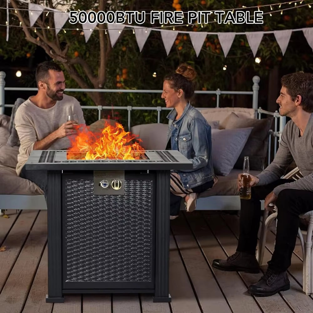 28 Inch Gas Fire Pit Outdoor Firepit Table, 50000BTU Rectangle Propane Fire Table with Cover & Lava Rock for Garden Backyard.