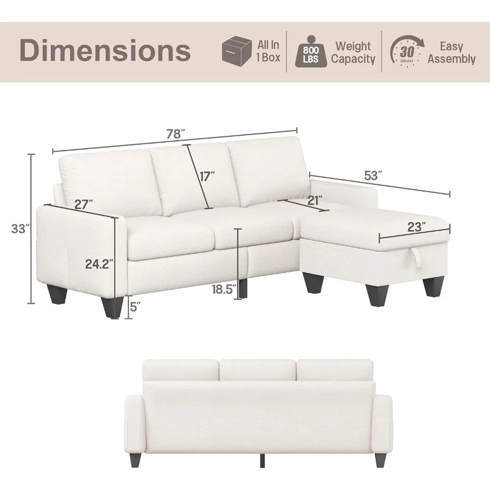 Living Room Sofa,Beige Linen Modern 3 Seater L Shaped Upholstered Furniture,Reversible Footrest with Storage Sofa