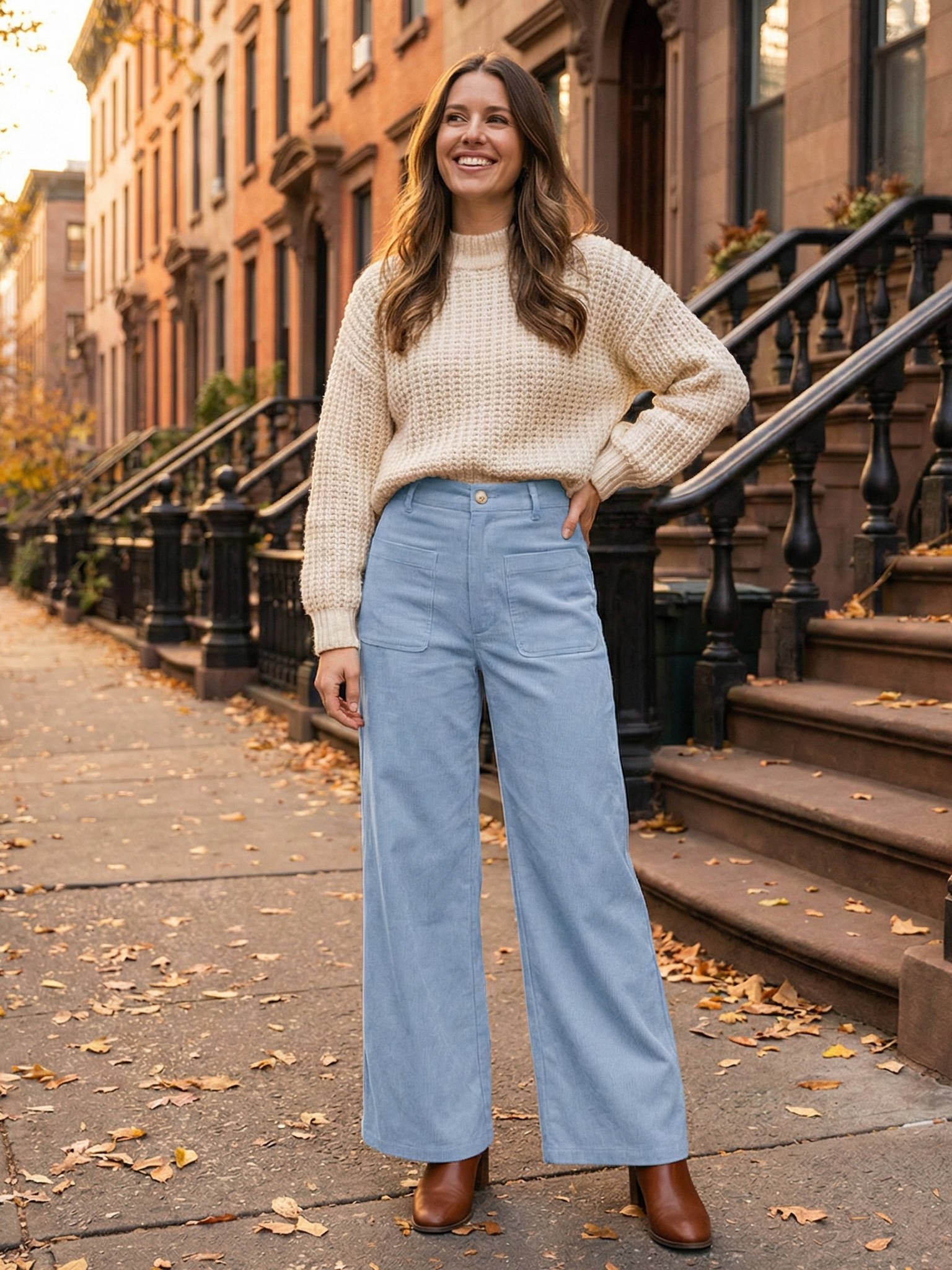 Women's High-Waisted Corduroy Wide-Leg Trousers - Light Blue
