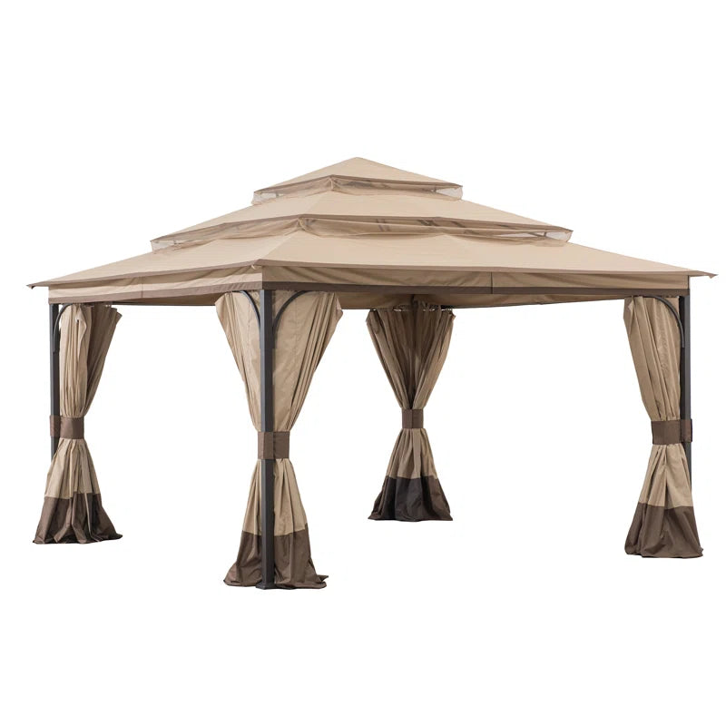 13X13 Ft. Steel Gazebo with 3-Tier Canopy Roof, Outdoor Steel Frame Soft Top Gazebo with Netting and Curtains