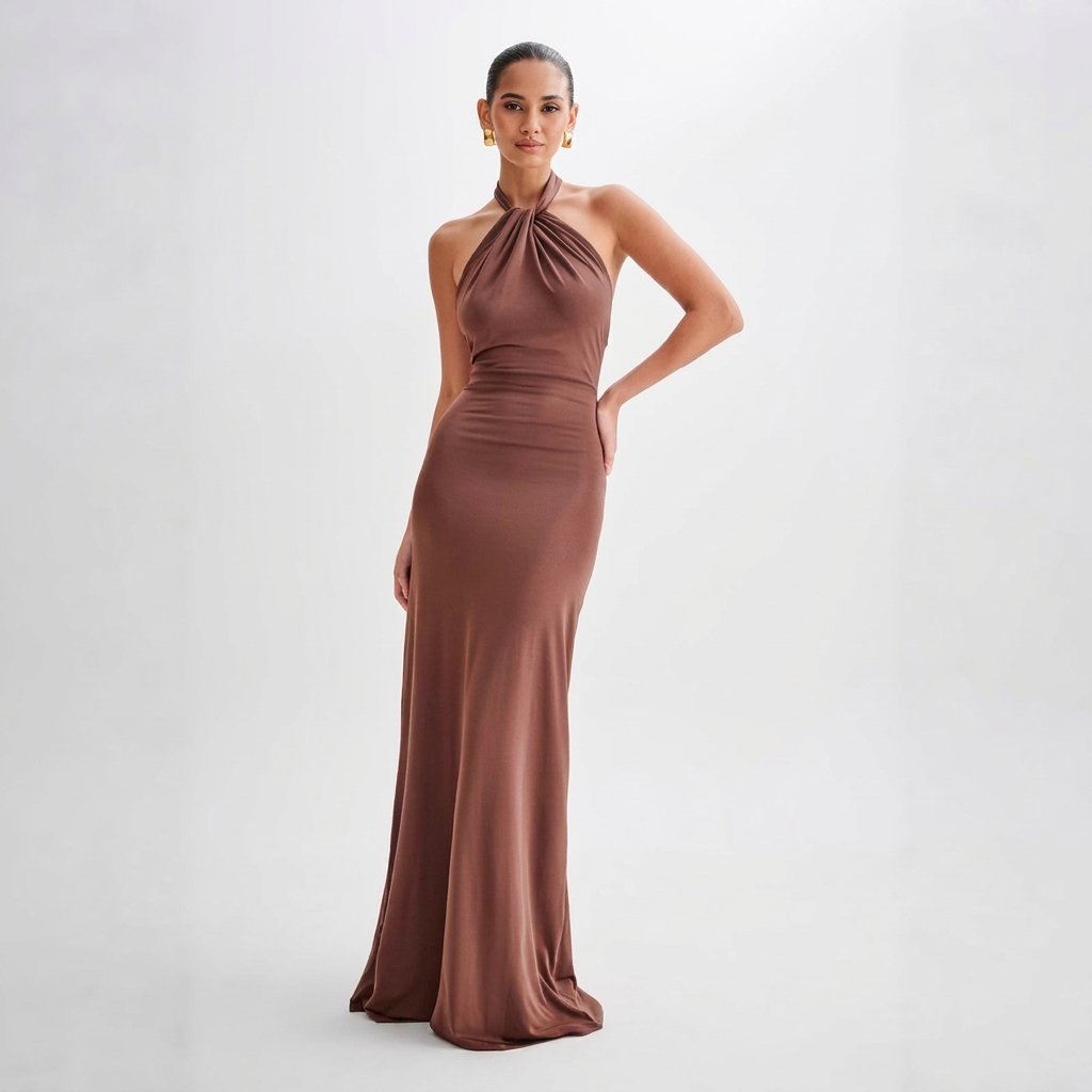 Women's Halter Bodycon Maxi Party Gown - Light Brown
