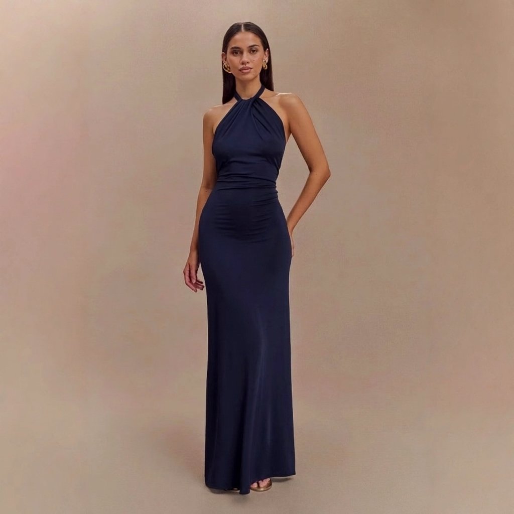 Women's Halter Bodycon Maxi Party Gown - Dark Blue
