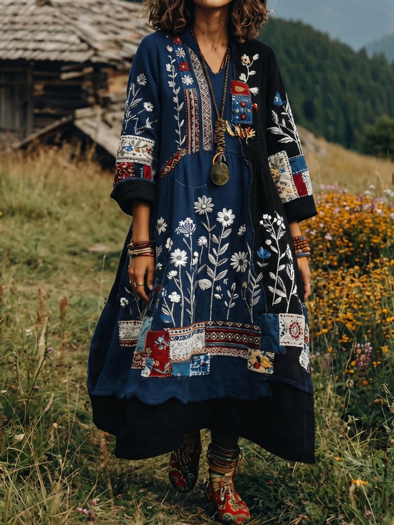 Women's Floral V-Neck Long Sleeve Midi Dress