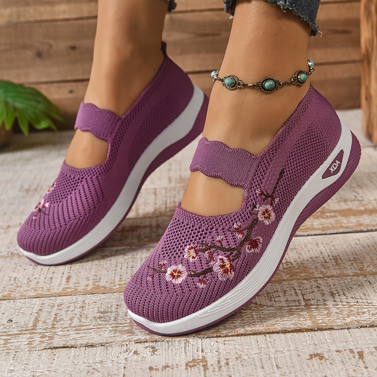 Women's Floral Mary Jane Slip-On Knit Platform Trainers - Purple