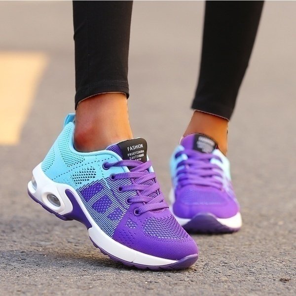 Women's Chunky Air-Cushion Running Lace-Up Platform Trainers - Turquoise/Purple