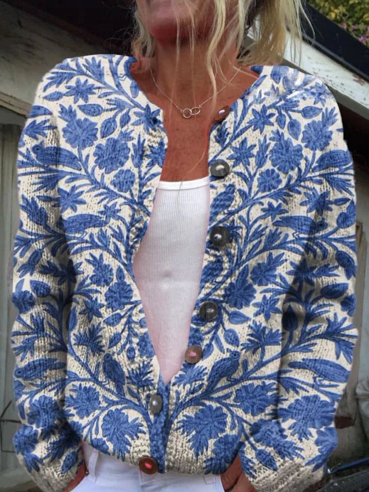 Women's Chunky Floral Knit Cardigan - Blue