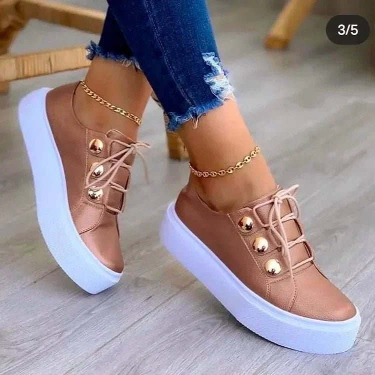 Women's Faux Leather Platform Lace-Up Trainers - Rose Gold