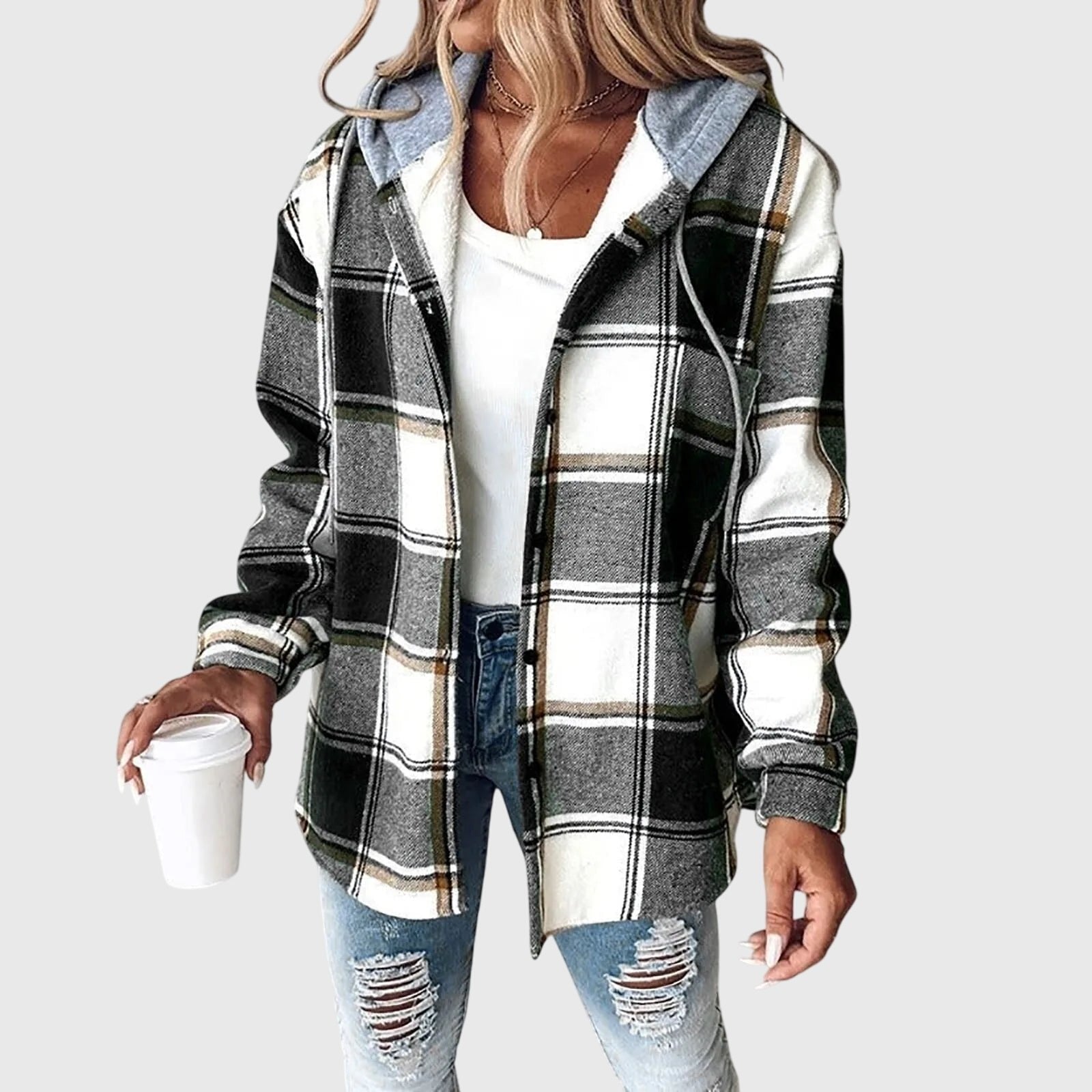 Women's Plaid Hooded Shacket - Black