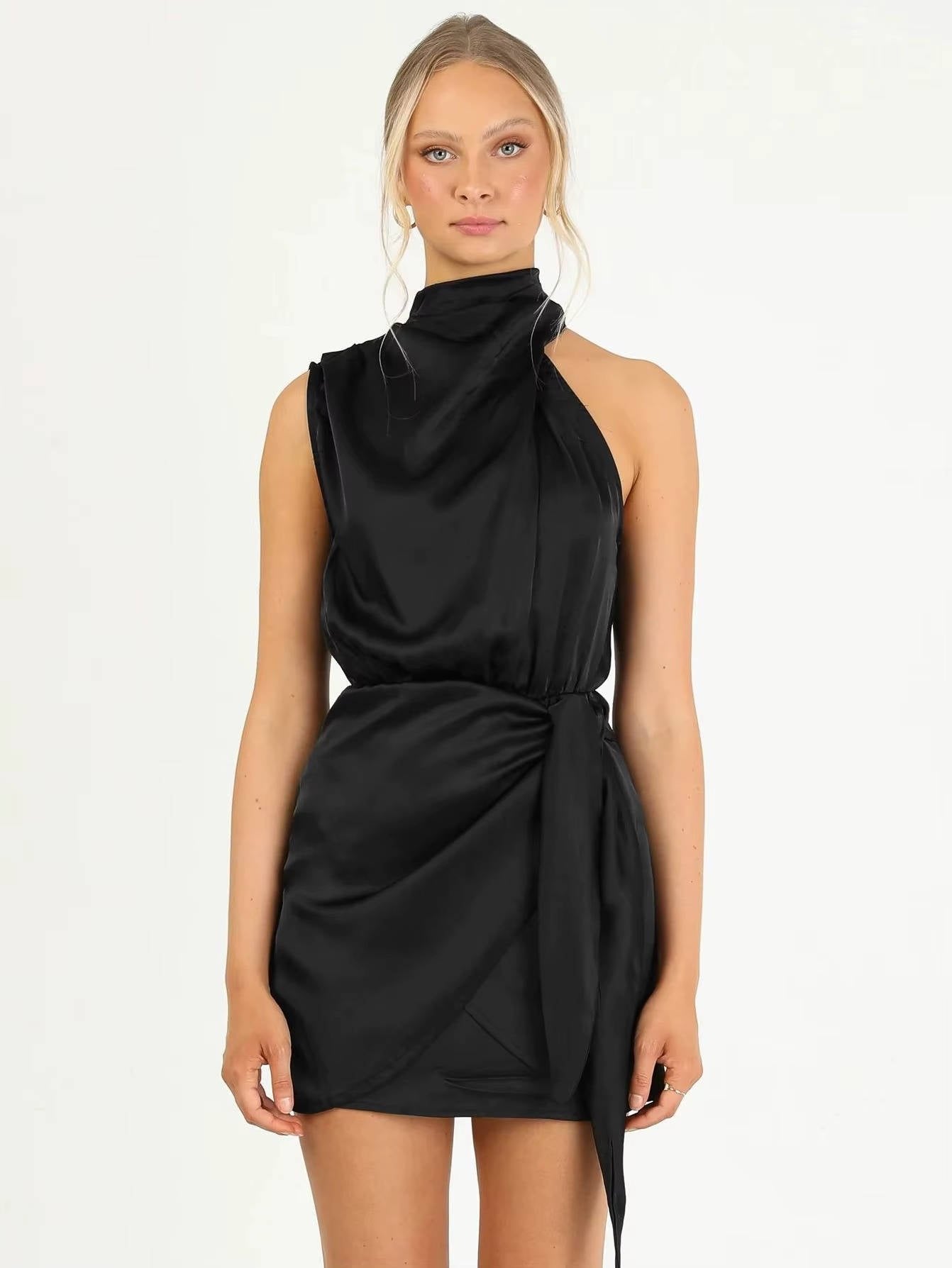 Women's Satin Halter Wrap Mini Party Dress - Black