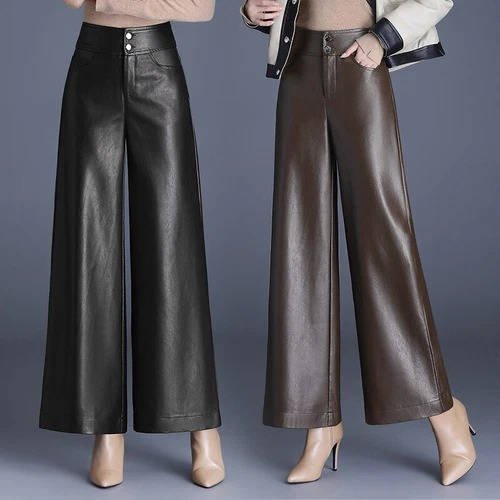 Women's High-Waisted Wide-Leg Faux Leather Trousers
