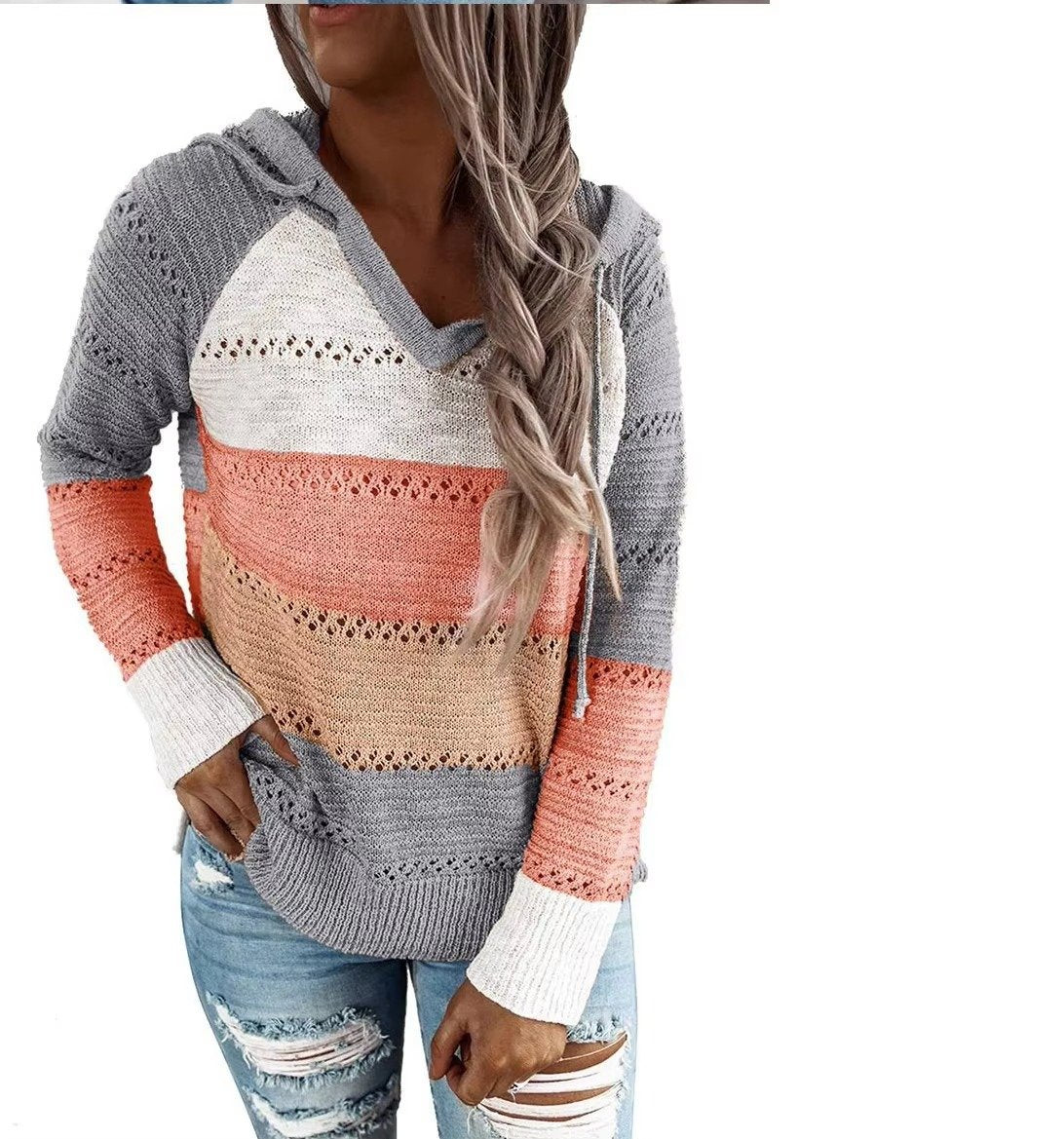 Women's Striped Knit Hoodie - Gray Orange