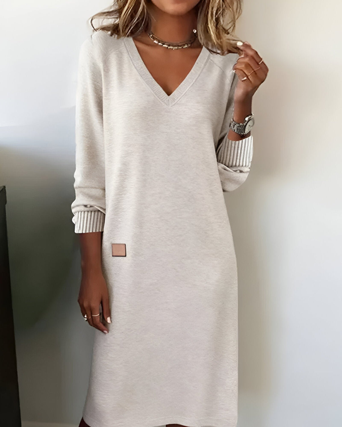 Women's Oversized V-Neck Midi Jumper Dress - Oatmeal
