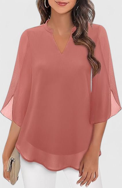 Women's Black V-Neck Chiffon Blouse - Pink