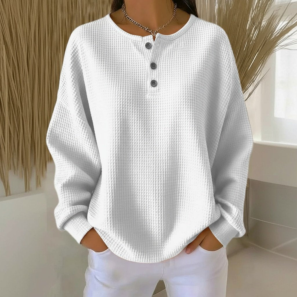 Women's Oversized Waffle Knit Henley Long Sleeve Top