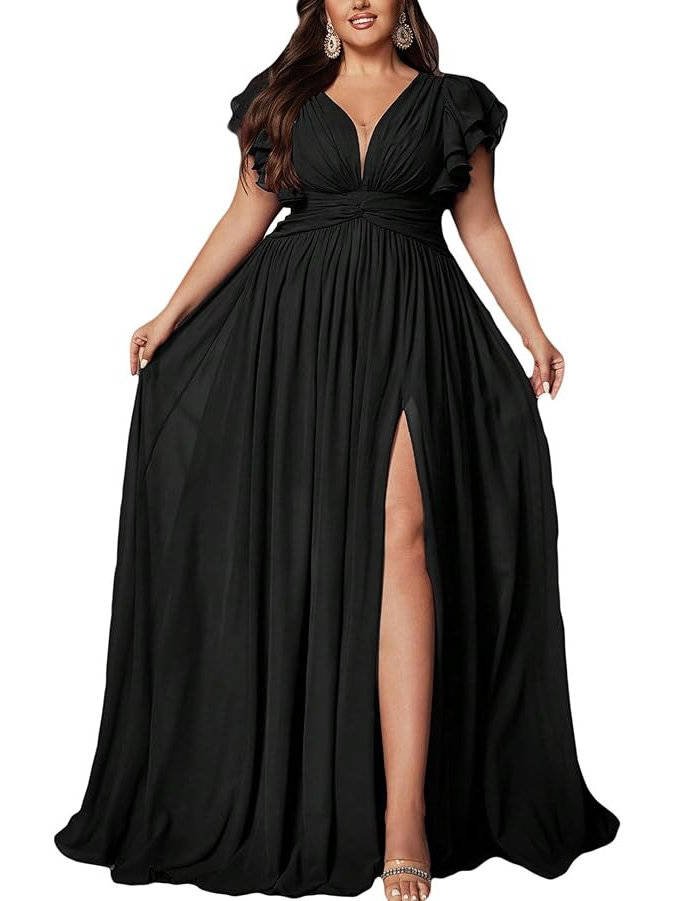 Women's Plus Size V-Neck Evening Maxi Party Gown - Black