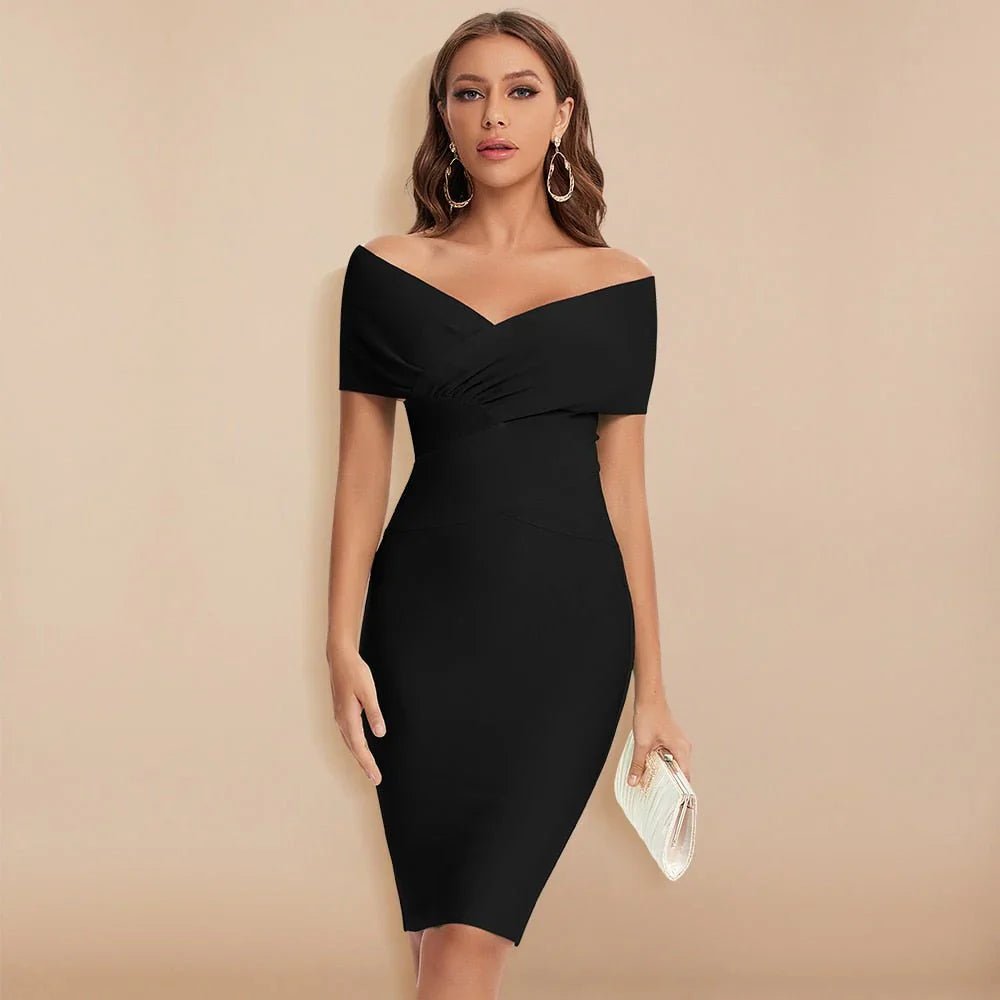 Women's Off-Shoulder Wrap Bodycon Midi Party Dress - Black