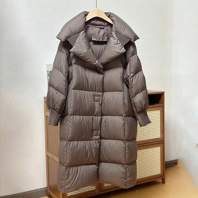 Women's Oversized Quilted Longline Puffer Coat - Brown