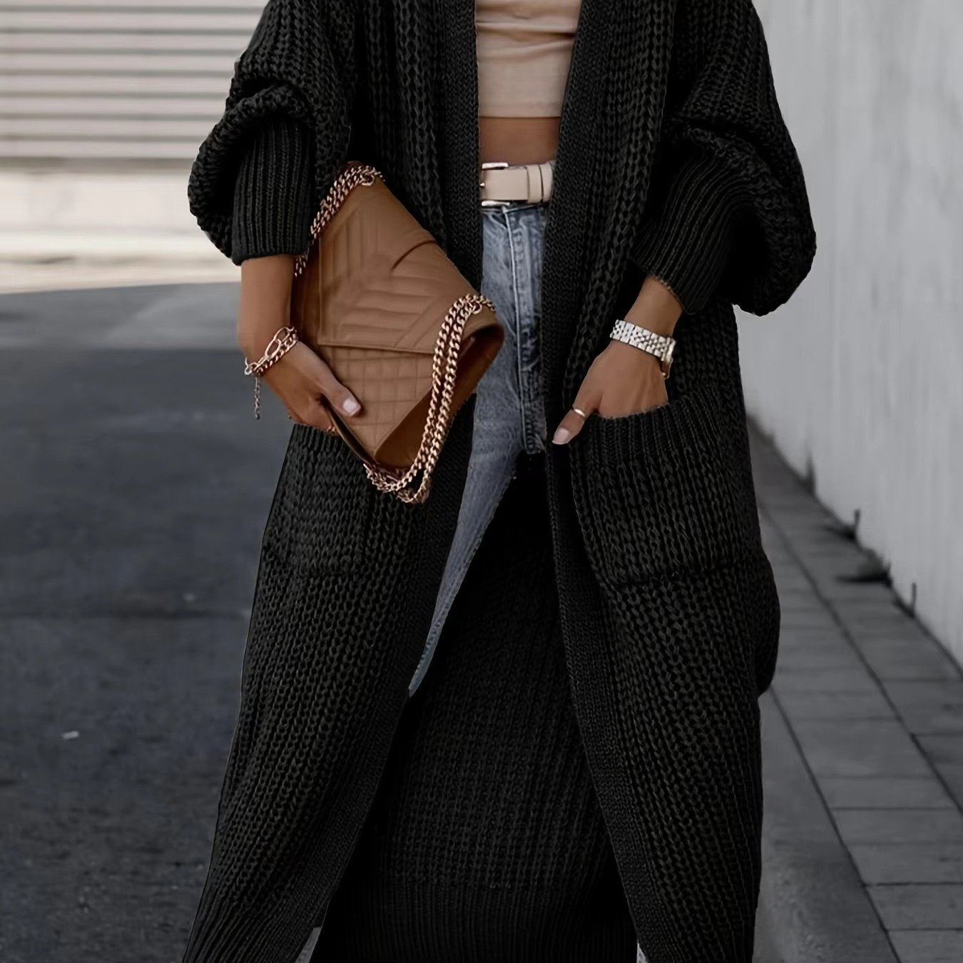 Women's Chunky Knit Ribbed Longline Wool Cardigan - Black