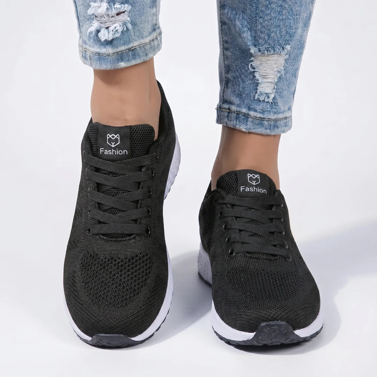 Women's Knit Lace-Up Trainers - Black