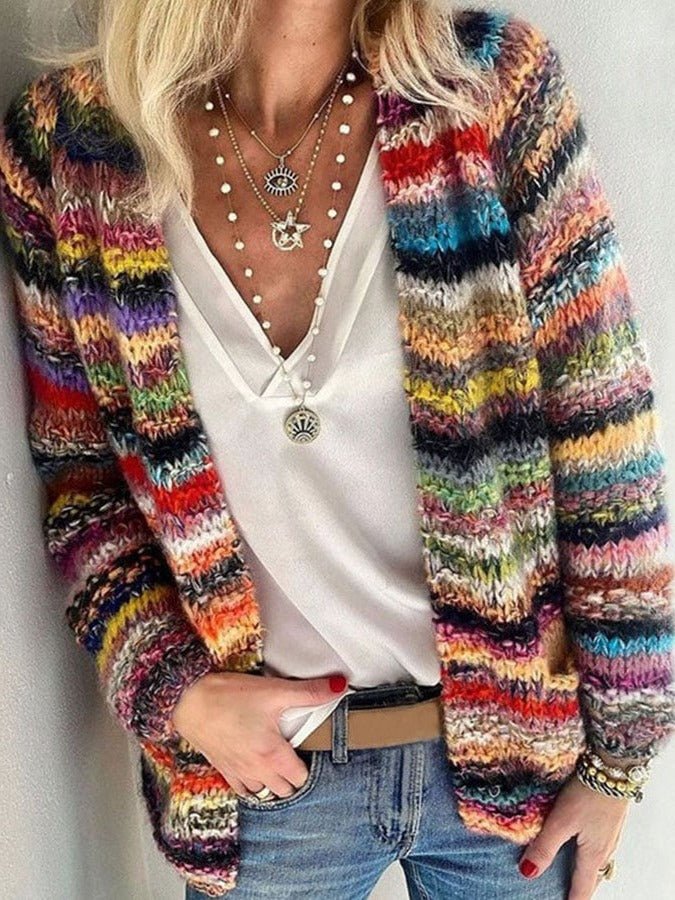 Women's Chunky Striped Wool Cardigan - Mixed Color
